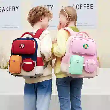 冠军小熊 减负轻便拼色 斜纹布 学生包 大号 儿童款 粉色/红色/绿色