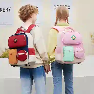 冠军小熊 减负轻便拼色 斜纹布 学生包 大号 儿童款 粉色/红色/绿色