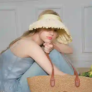 杨同学 荷叶边空顶 涤纶 防晒帽 女款