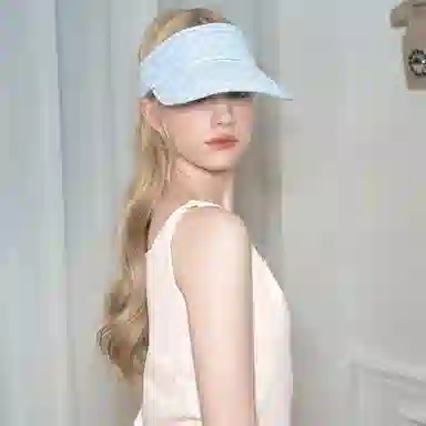 杨同学 小清新蓝色格纹空顶 棉 防晒帽 女款