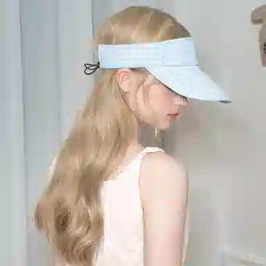 杨同学 小清新蓝色格纹空顶 棉 防晒帽 女款