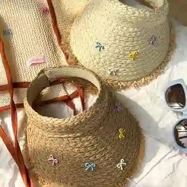 杨同学 蝴蝶结空顶草帽 纸草 防晒帽 女款