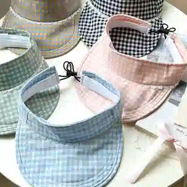 杨同学 小清新蓝色格纹空顶 棉 防晒帽 女款