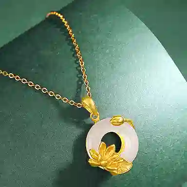 御龙镜 荷塘月色 好运莲莲新中式复古国潮平安扣高级轻奢气质百搭民族风优雅大气 玉髓 玉石项链 女款