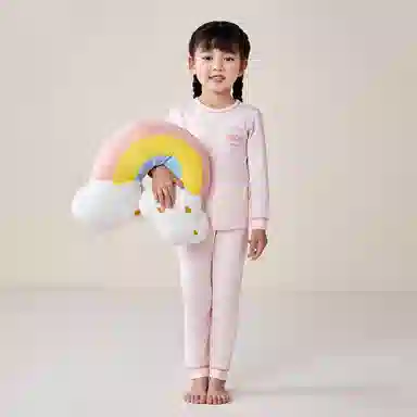 红豆 圆领舒适长袖休闲长裤内衣套装 粉米青少年