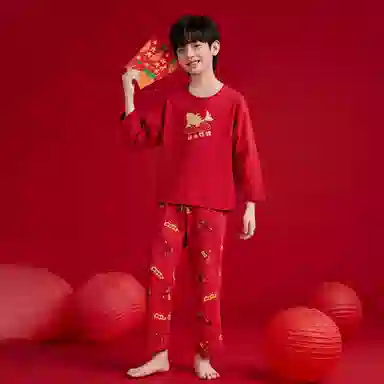 红豆家居服 动物图案圆领长袖上衣舒适长裤 中国红青少年