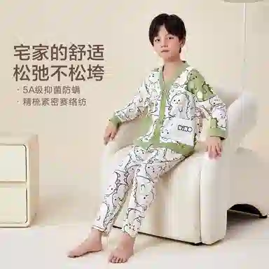 红豆 童装 纯棉单排扣长袖上衣松紧腰长裤睡衣套装 儿童款