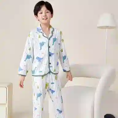 红豆 童装 纯棉单排扣长袖上衣松紧腰长裤睡衣套装 儿童款