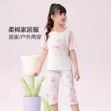 大童 红豆 抑菌防螨圆领休闲上衣透气柔软亲肤裤子睡衣套装 盈盈