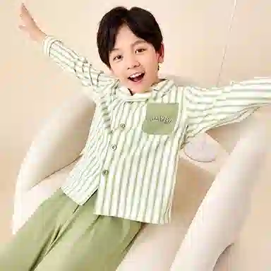 红豆 童装 纯棉单排扣长袖上衣松紧腰长裤睡衣套装 儿童款