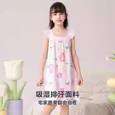 红豆 卡通花卉方领套头飞飞短袖睡裙 大童 盈盈