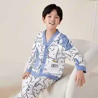 红豆 童装 纯棉单排扣长袖上衣松紧腰长裤睡衣套装 儿童款