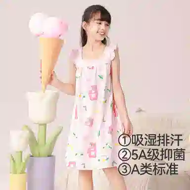 红豆 卡通花卉方领套头飞飞短袖睡裙 大童 盈盈