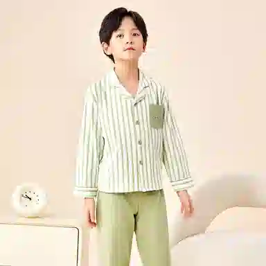 红豆 童装 纯棉单排扣长袖上衣松紧腰长裤睡衣套装 儿童款