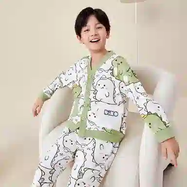 红豆 童装 纯棉单排扣长袖上衣松紧腰长裤睡衣套装 儿童款