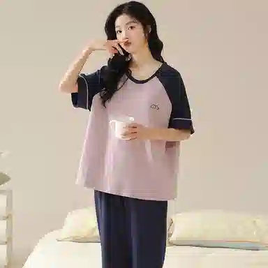 帕兰朵 短袖长裤套头圆领睡衣套装 女款 藕色