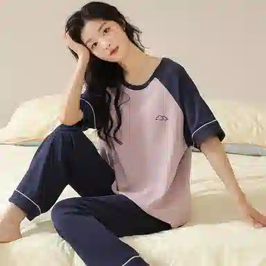 帕兰朵 短袖长裤套头圆领睡衣套装 女款 藕色