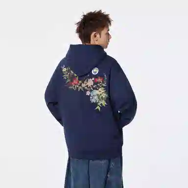 曼城 国潮美式复古背面新中式仿刺绣桃花枝品牌字母印花潮流时尚重磅百搭舒适休闲宽松落肩套头长袖连帽卫衣 男女同款