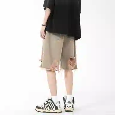 中国航天 重工水洗做旧擦脏破洞高街直筒宽松五分牛仔短裤 男女同款 黄泥色