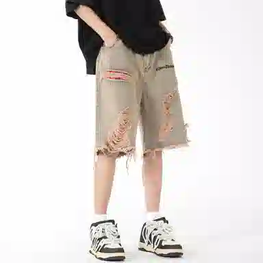 中国航天 重工水洗做旧擦脏破洞高街直筒宽松五分牛仔短裤 男女同款 黄泥色