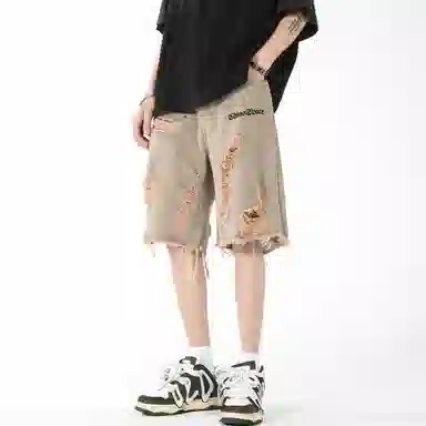 中国航天 重工水洗做旧擦脏破洞高街直筒宽松五分牛仔短裤 男女同款 黄泥色