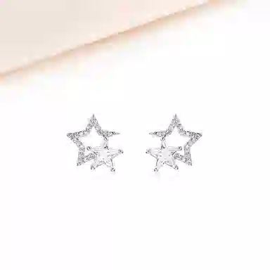迎百宝 星河璀璨 通勤镂空星星 小众设计双子星梦幻仙气灵动闪耀镶嵌锆石无耳洞耳夹 耳钉 通用