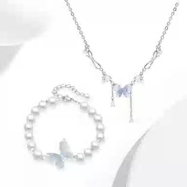 迎百宝 冰晶蓝蝴蝶清新甜美清冷感 本命年转运元素气质优雅流苏两件套小众设计感在逃公主风可调节锁骨链 合金 项链 女款