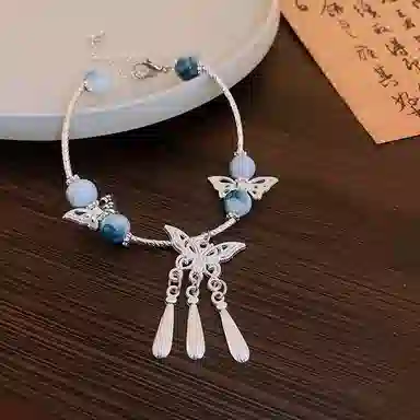 迎百宝 青花瓷 招财纳福新中式国潮风碎冰蓝本命年转运蝴蝶元素 古风优雅气质灵动百搭 合金 手链 女款