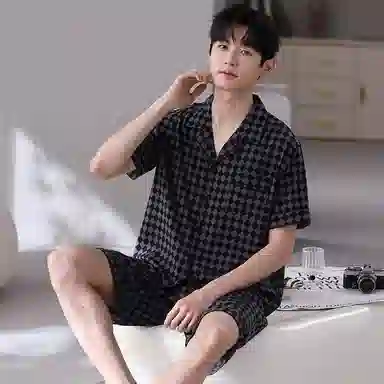 好福份 格子冰丝短袖短裤大码睡衣套装 男款