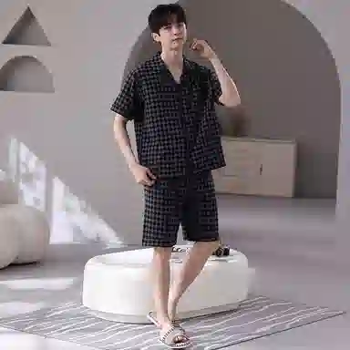 好福份 格子冰丝短袖短裤大码睡衣套装 男款