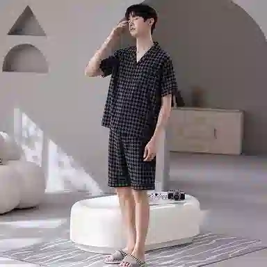 好福份 格子冰丝短袖短裤大码睡衣套装 男款
