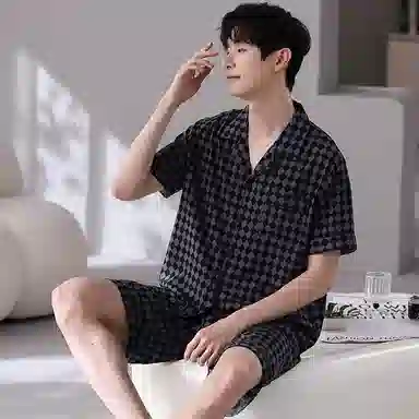 好福份 格子冰丝短袖短裤大码睡衣套装 男款