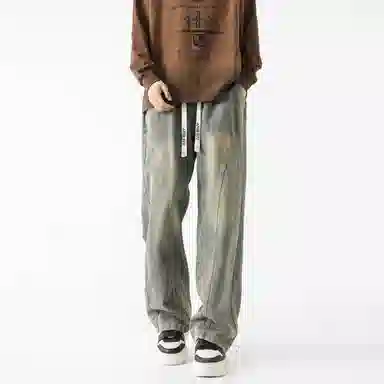 布客行 美式高街潮牌复古水洗渐变做旧拼接宽松直筒垂感抽绳休闲牛仔裤 男女同款