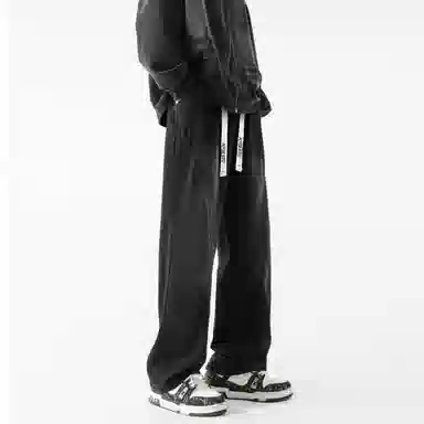 布客行 美式高街潮牌复古水洗渐变做旧拼接宽松直筒垂感抽绳休闲牛仔裤 男女同款