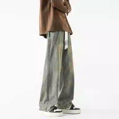 布客行 美式高街潮牌复古水洗渐变做旧拼接宽松直筒垂感抽绳休闲牛仔裤 男女同款