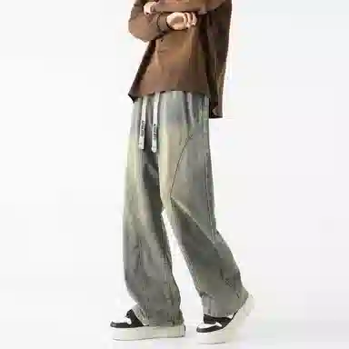 布客行 美式高街潮牌复古水洗渐变做旧拼接宽松直筒垂感抽绳休闲牛仔裤 男女同款