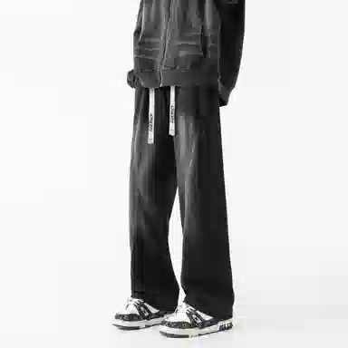 布客行 美式高街潮牌复古水洗渐变做旧拼接宽松直筒垂感抽绳休闲牛仔裤 男女同款