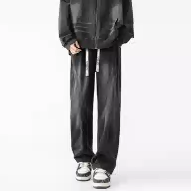 布客行 美式高街潮牌复古水洗渐变做旧拼接宽松直筒垂感抽绳休闲牛仔裤 男女同款