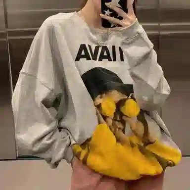 轻迎 潮流时尚搞怪可爱小众设计感印花慵懒风休闲外穿加绒加厚套头卫衣 男女同款