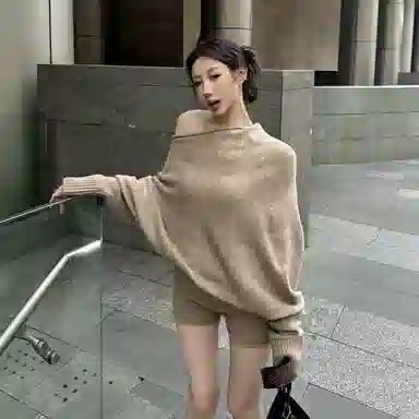 轻迎 高级感气质针织衫宽松长袖露肩毛衣上衣高腰直筒短裤休闲套装 女款