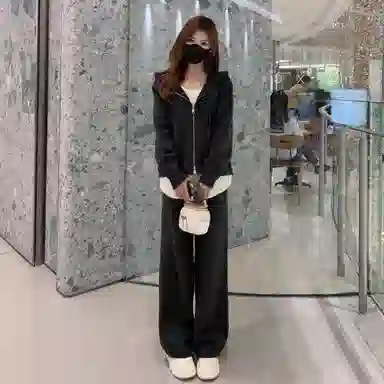 轻迎 时尚假两件连帽卫衣宽松阔腿裤两件套休闲套装 女款