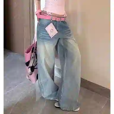 轻迎 美式复古做旧纹路时尚百搭阔腿宽松显瘦直筒弯刀拖地牛仔裤 女款