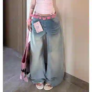 轻迎 美式复古做旧纹路时尚百搭阔腿宽松显瘦直筒弯刀拖地牛仔裤 女款