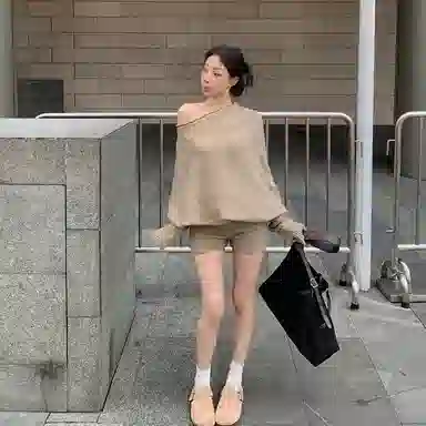 轻迎 高级感气质针织衫宽松长袖露肩毛衣上衣高腰直筒短裤休闲套装 女款