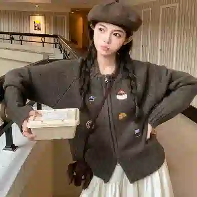 轻迎 韩系时尚复古高级感慵懒宽松卡通动漫长袖通勤开衫外套针织衫 女款