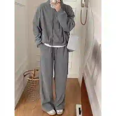 轻迎 韩系加绒立领卫衣慵懒宽松设计感卫裤两件套潮休闲套装 女款