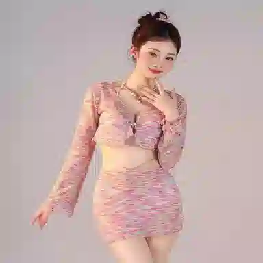 轻迎 高级感彩虹比基尼四件套小胸聚拢钢托温泉度假分体纯欲小香风泳衣套装 女款