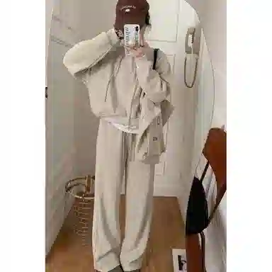 轻迎 韩系加绒立领卫衣慵懒宽松设计感卫裤两件套潮休闲套装 女款