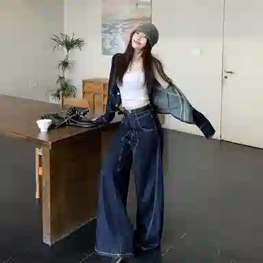 轻迎 复古高级感翻领撞色收腰外套阔腿裤两件套休闲套装 女款