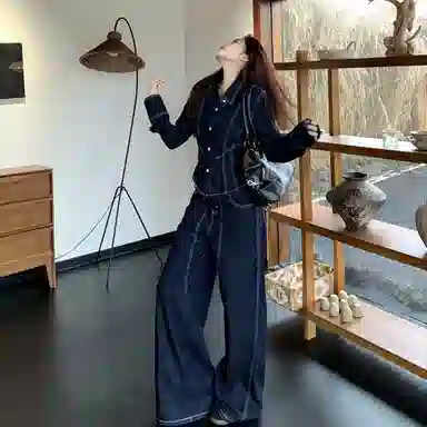 轻迎 复古高级感翻领撞色收腰外套阔腿裤两件套休闲套装 女款
